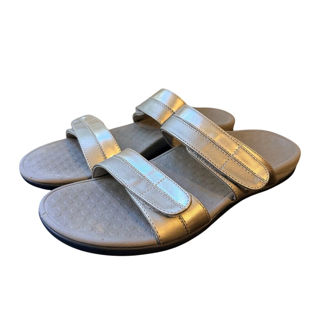 Vionic Shore Metallic Pewter Adjustable Strap Slide Sandals Womens 9 Orthotic